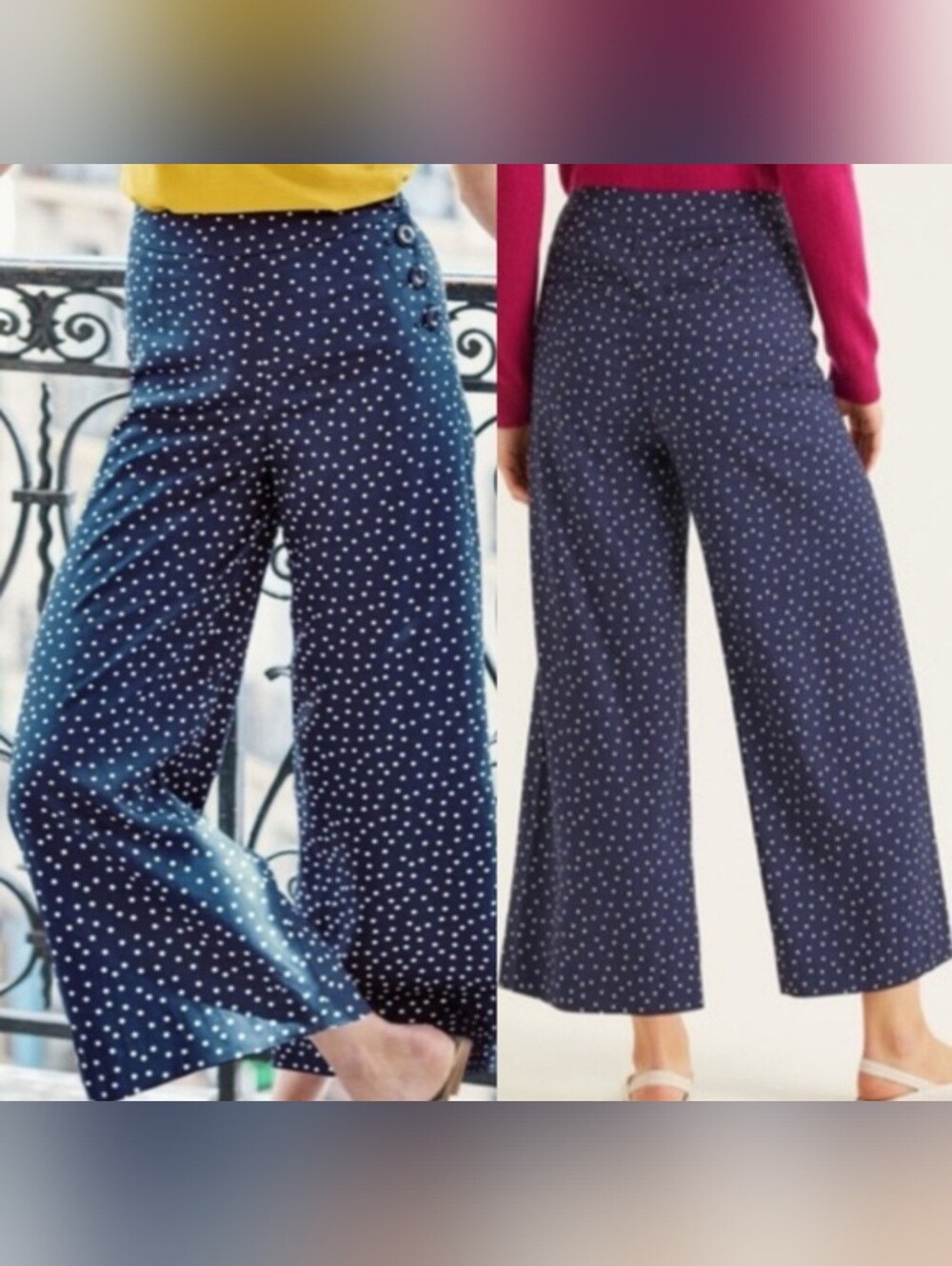 BODEN Polka Dot Wide Leg Side Button Detail Ankle Dress Pants Navy Blue Size 2